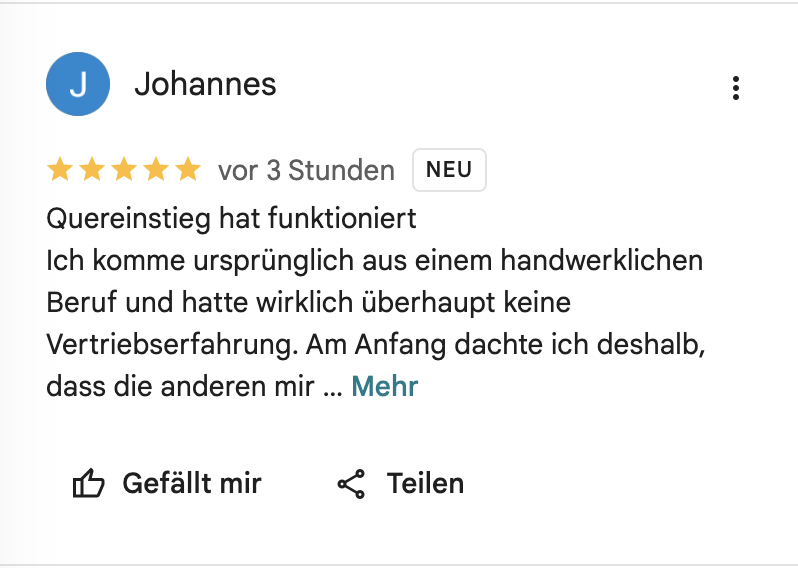 Google Bewertung mit 5 Sternen von Johannes zum Quereinstieg bei GoRemote.